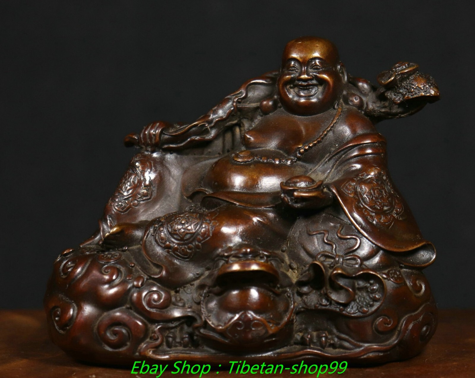 5.1" Old  Dynasty Pure Bronze Yuanbao Ruyi Happy Laugh Maitreya Buddha Statue