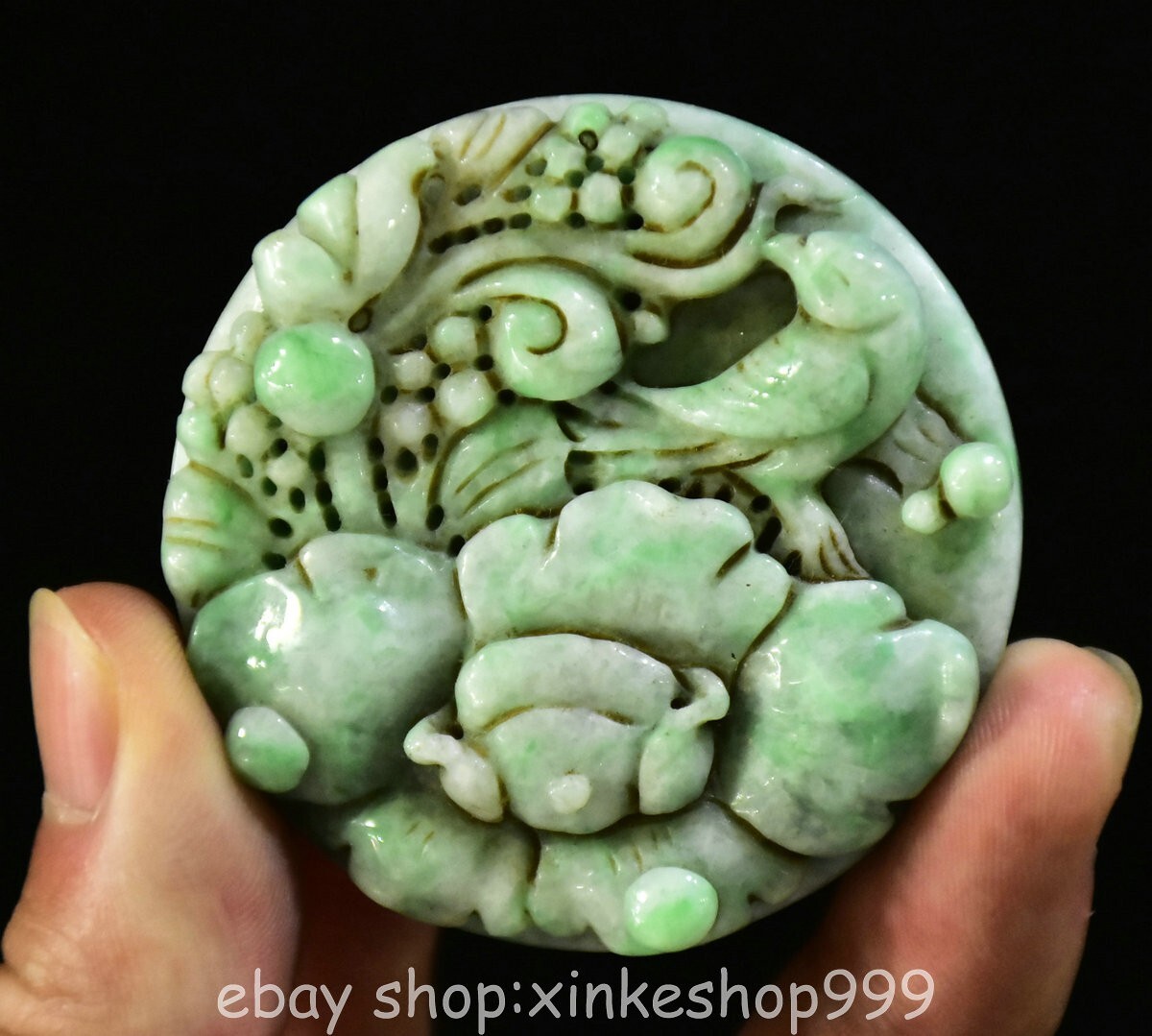 2.2" Chinese Natural Emerald Jade Jadeite Carving Fengshui Flower Bird Pendant