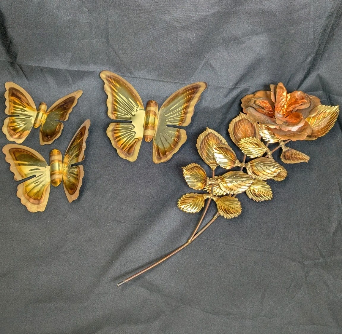 4 Pc Vintage Metal Wall Art Butterfly Rose Flower Gold Copper Leaves MCM EUC