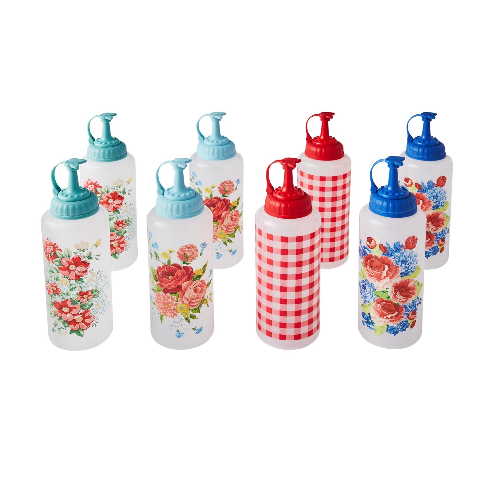 Pioneer Woman Squeeze Bottle 8pc Set Heritage Vintage Floral Sweet Rose Gingham