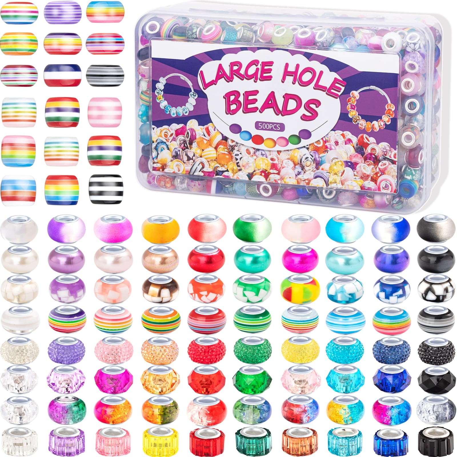 500 Pcs European Large Hole Beads, Assorted European Craft Beads Mixed Color ...