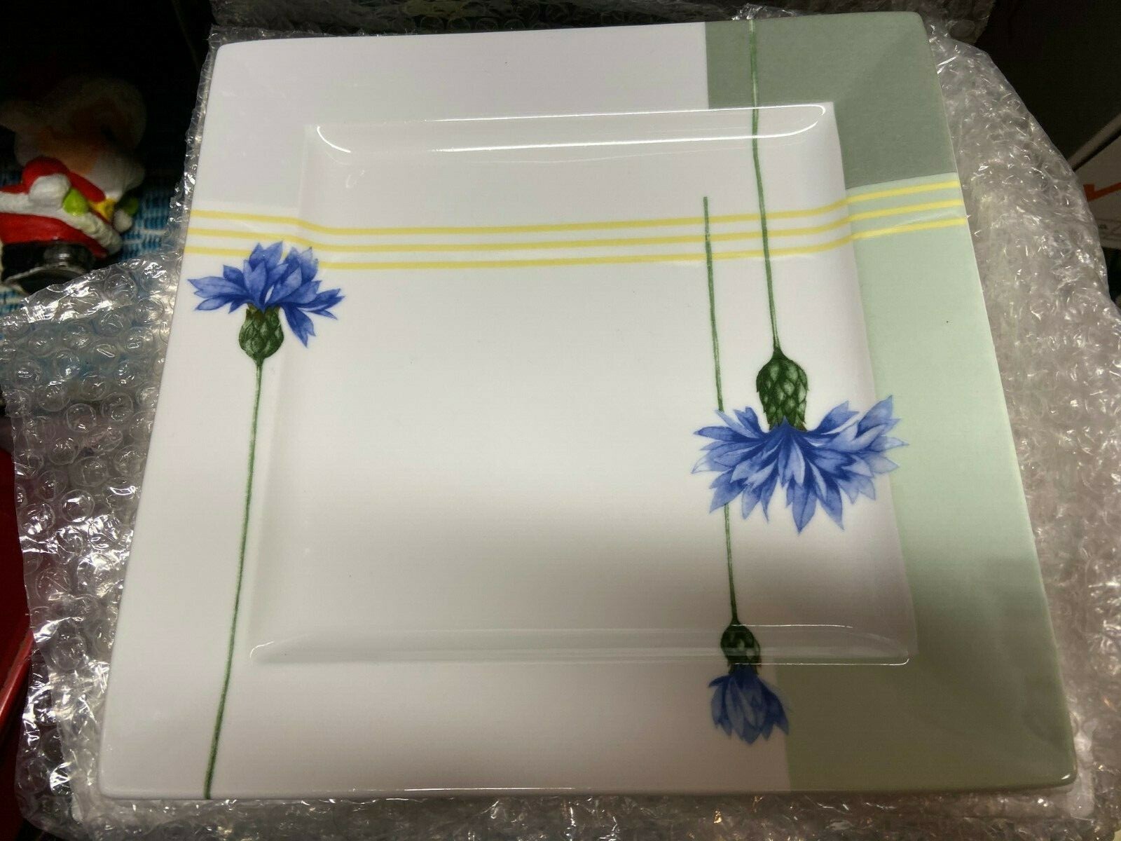 NOS 4 Studio Nova Blue Bonnet Porcelain CD208 Square Dinner Plates 10" Retired