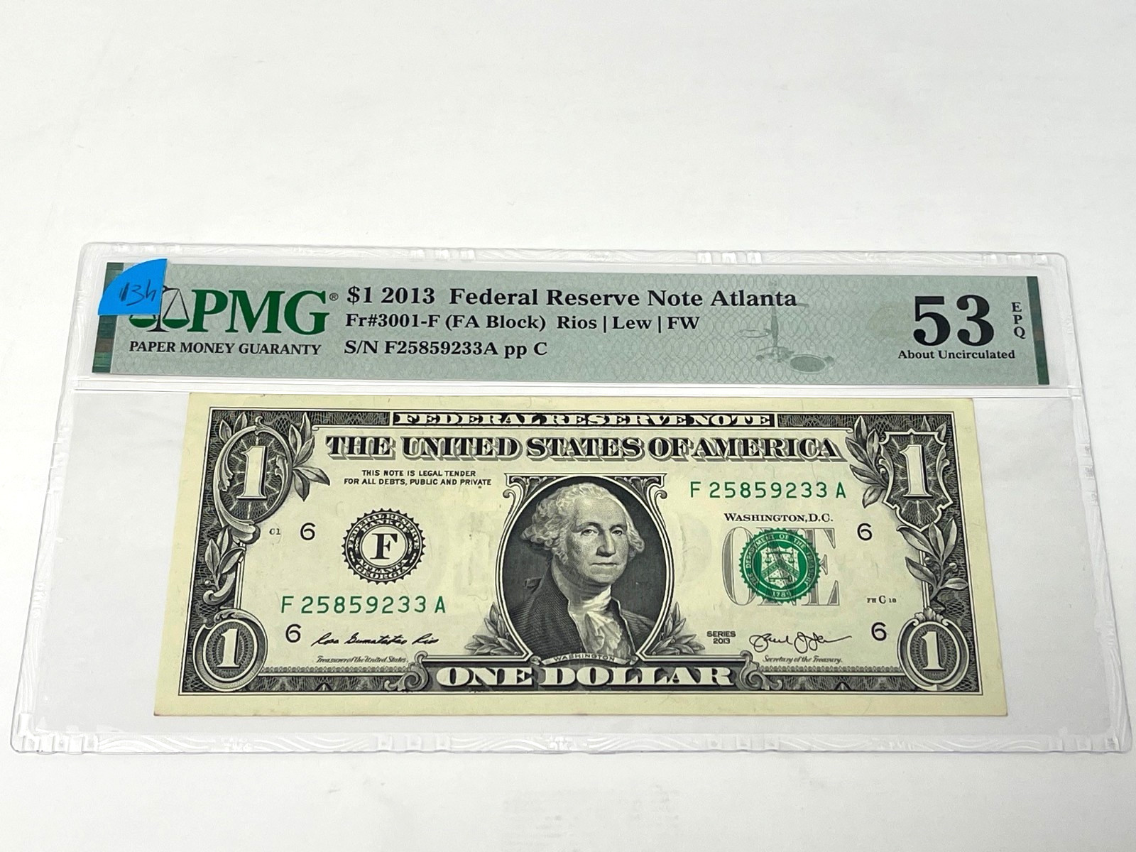 2013 $1 One Dollar, FEDERAL RESERVE NOTE Atlanta,' PMG 53 About UNC' (#134)