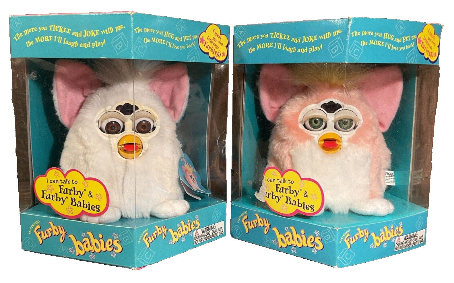 1999 Furby Babies Pair Lot- Tiger Electronics NRFB Model 70-940- White/Pink BNIB