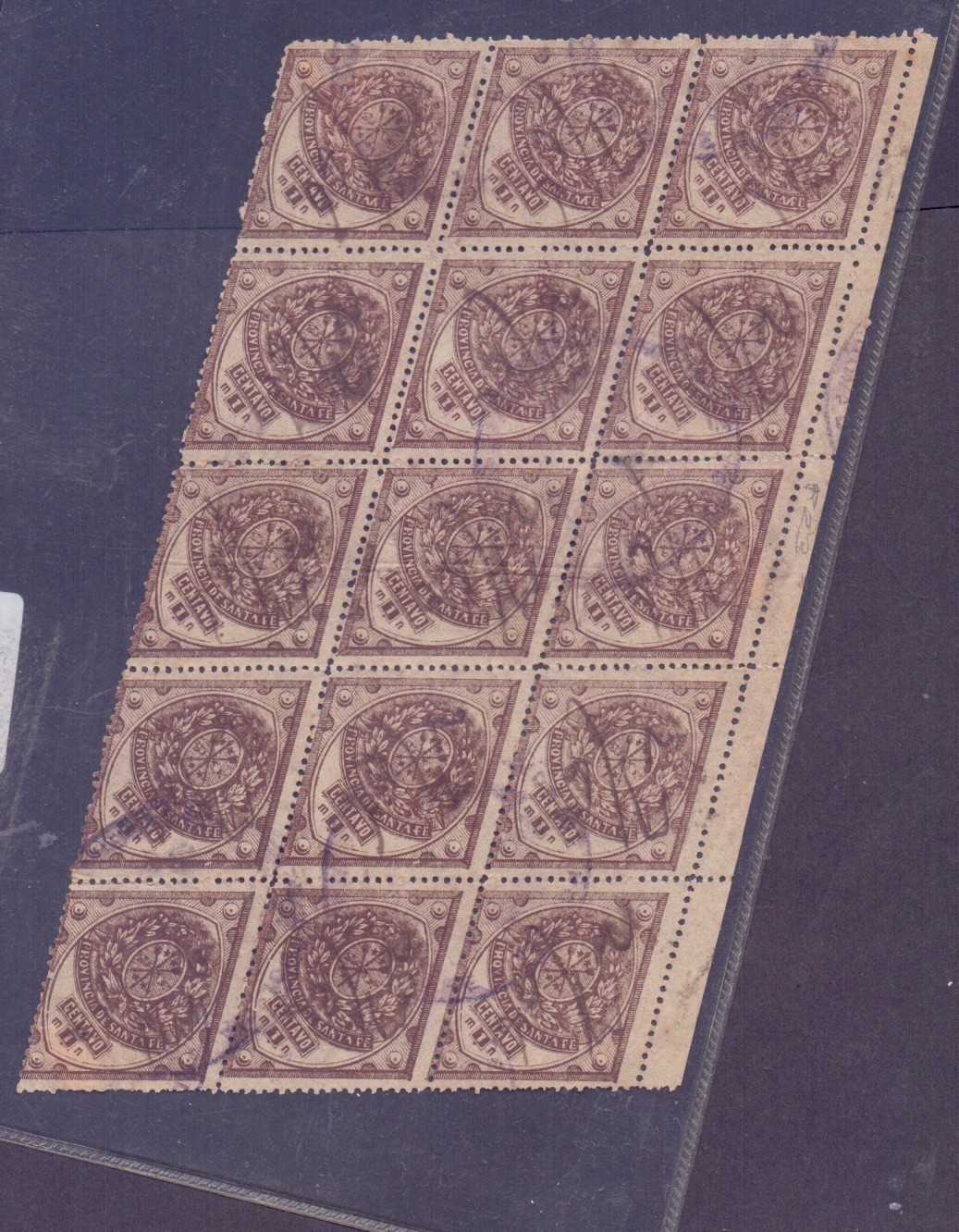 Argentina Fiscal Stamps  P. revenue block of 15 used 1890 Santa Fe 1 Cts nice!!