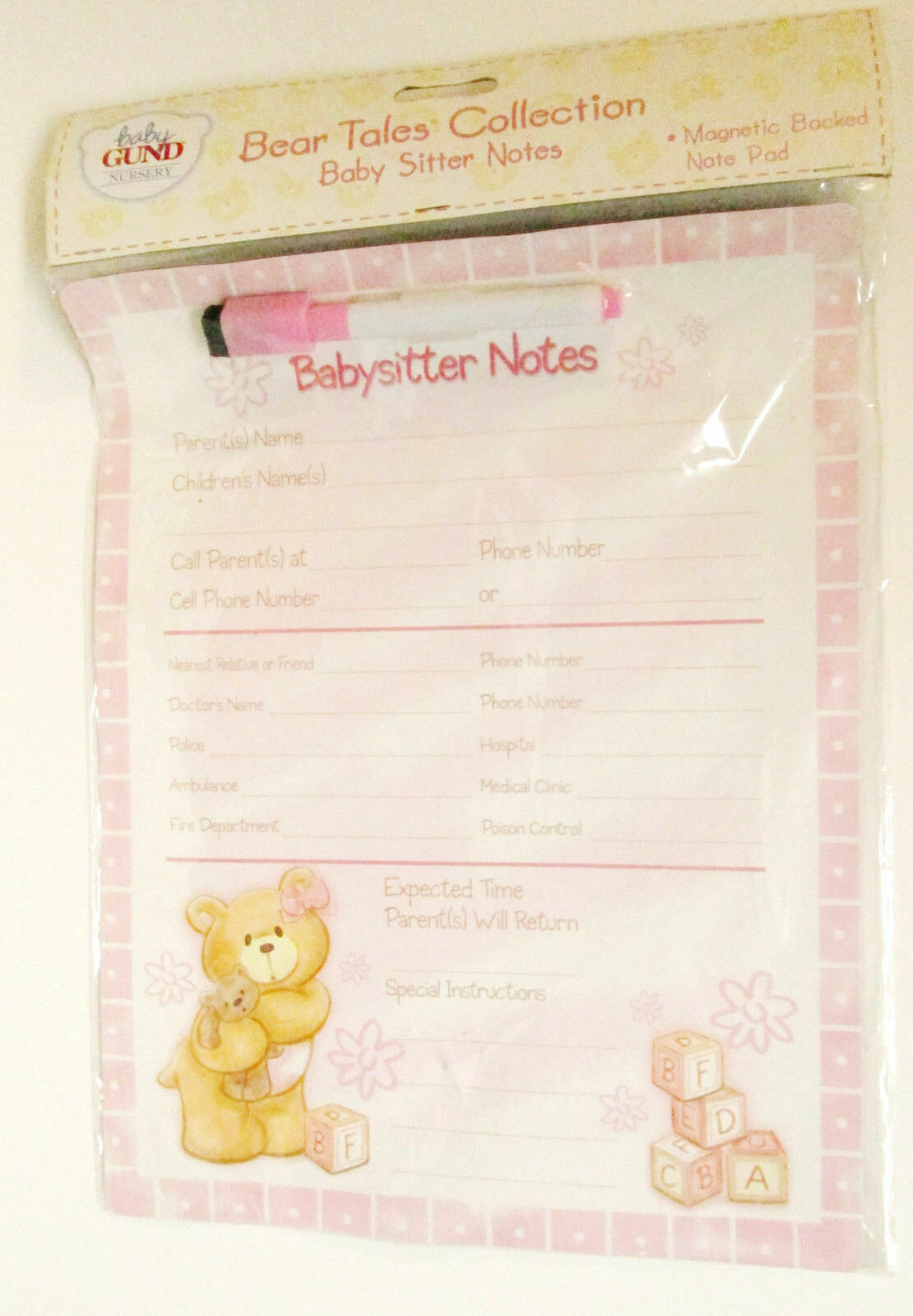 Baby GUND Nursery Bear Tales Babysitter Notes Dry Erase Magnetic Fridge Board