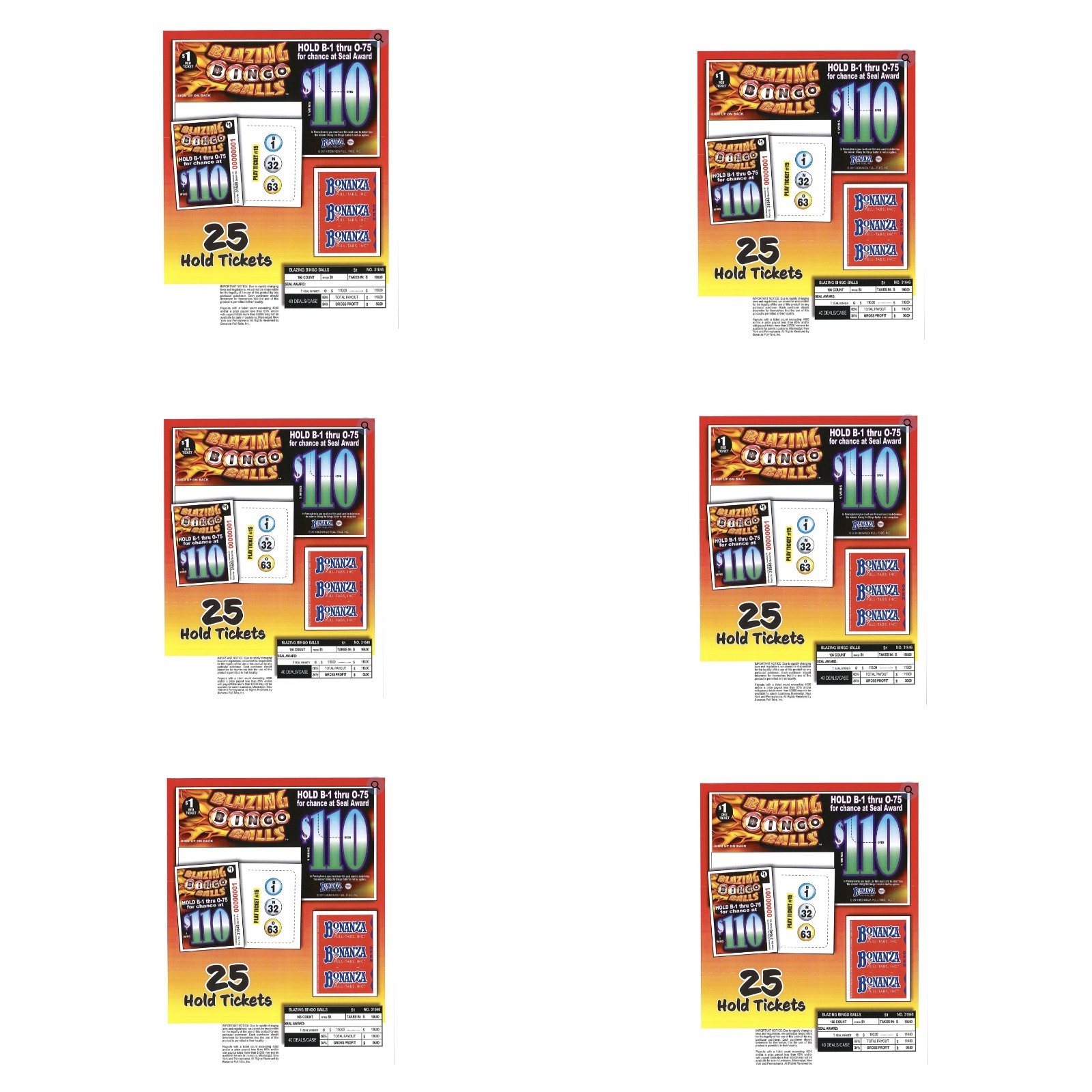 Pull Tab Ticket - Hard Card - Game- 6 Pack - Blazing Bingo Balls - 166 ct ea