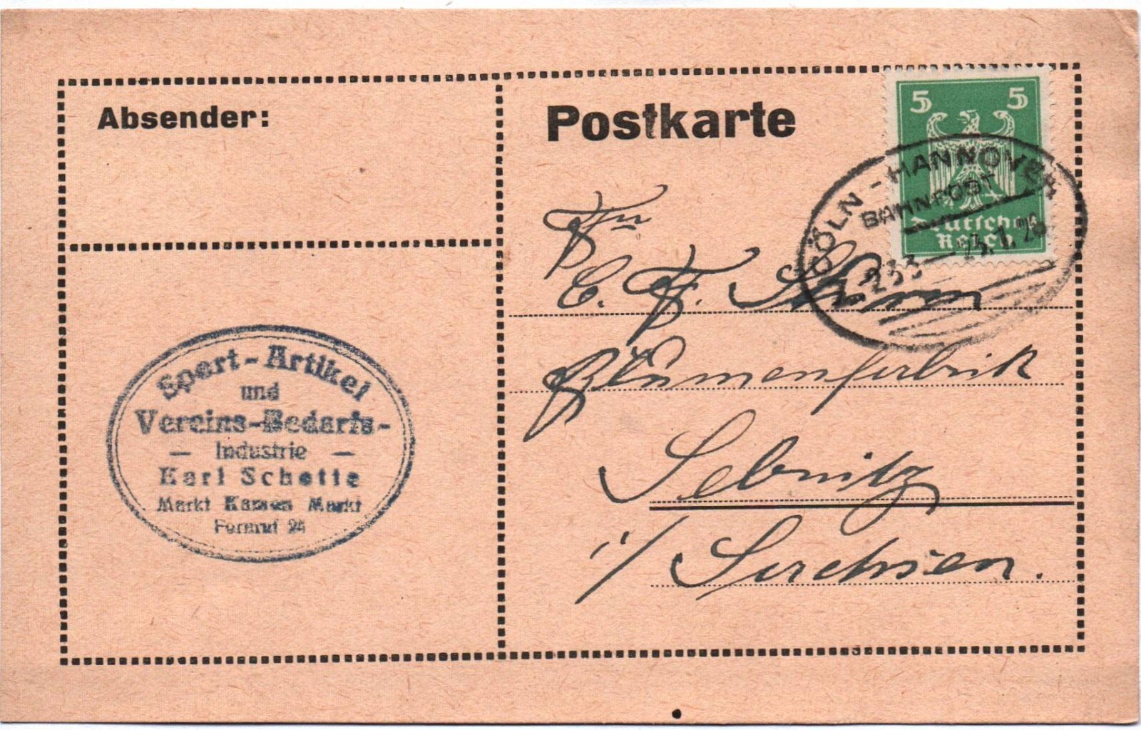 Postcard 1928 Railway post Office Stamp Cöln Hanover