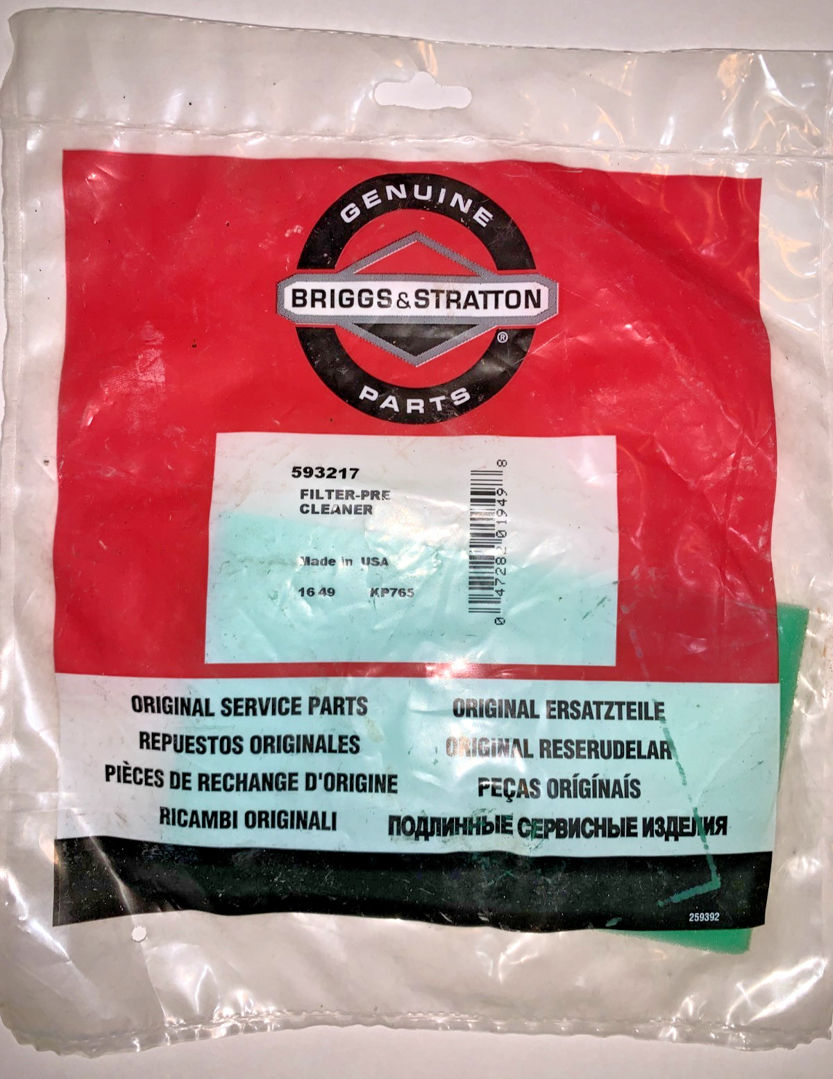 Briggs & Stratton Filter-Pre Cleaner #593217 New in package