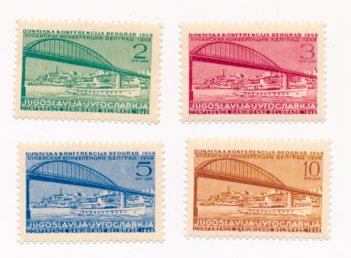 YUGOSLAVIA stamps 2 - 10 Dinara 1948 Danube conference MNH CV $23