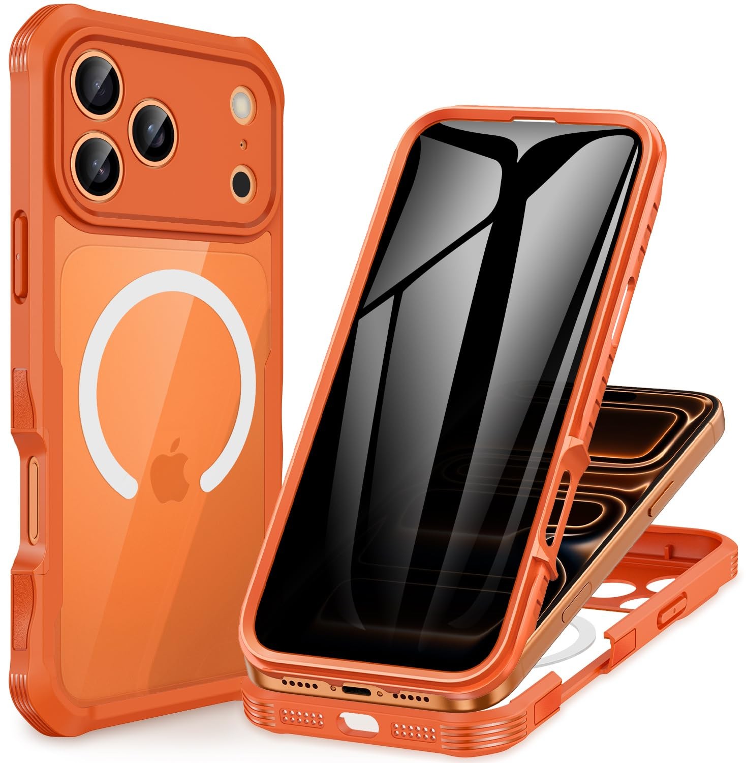 Magnetic Privacy Case for iPhone 17 Pro Max 9H Glass Shockproof Cover Orange