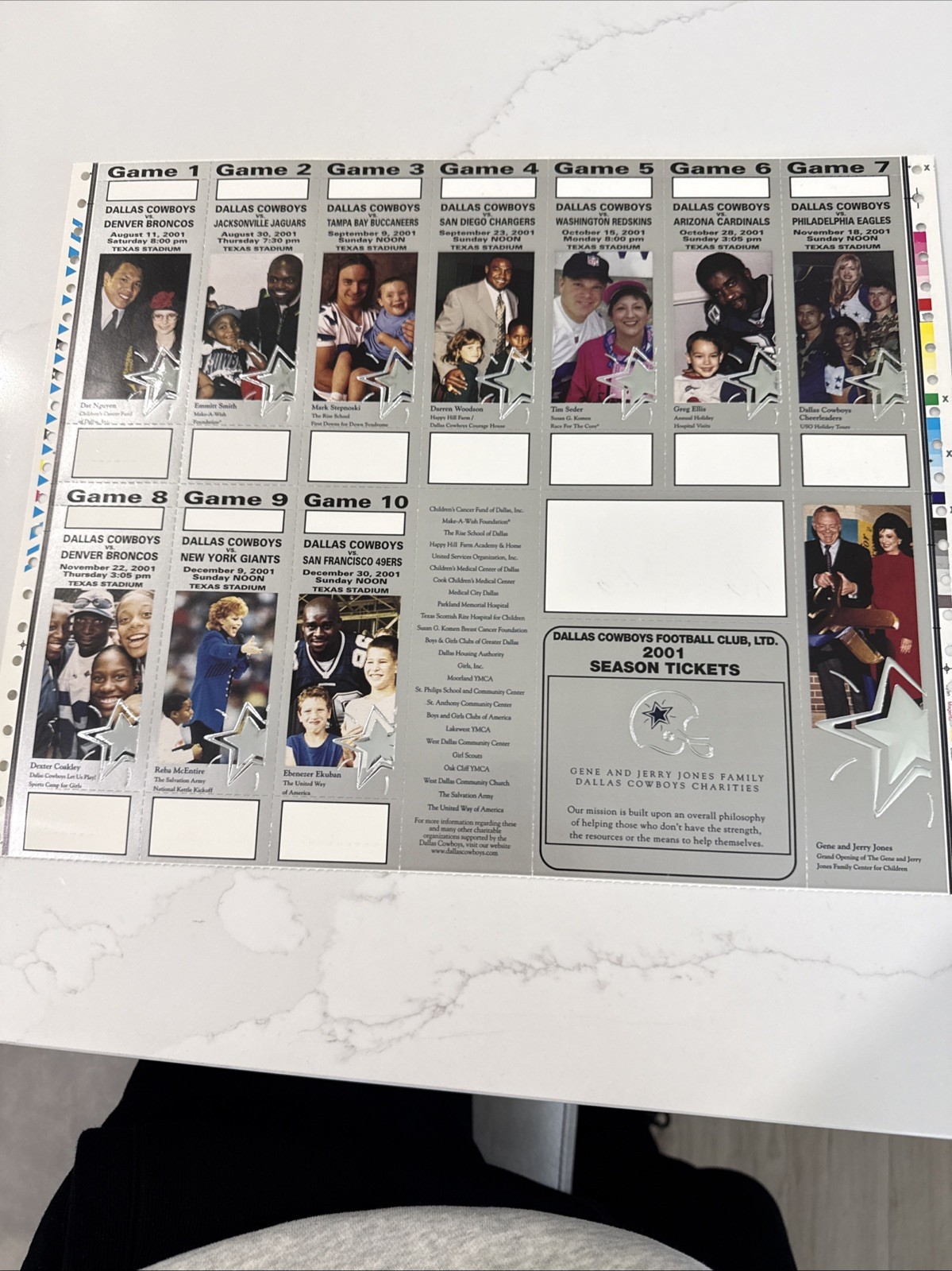 Dallas Cowboys 2001 Season Uncut Full Tickets Sheet