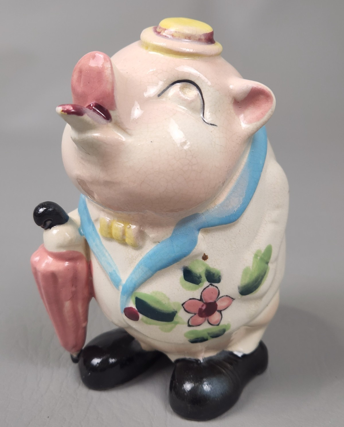 VTG 1940 Shawnee Pottery SMILEY Standing Pig 5" Coin Bank Floral Jacket Umbrella