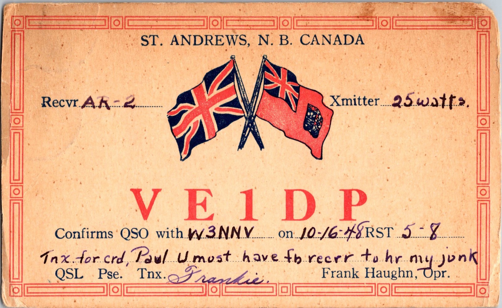 St Andrews New Brunswick VE1DP Amateur Ham Radio Card 1948 QSO QSL