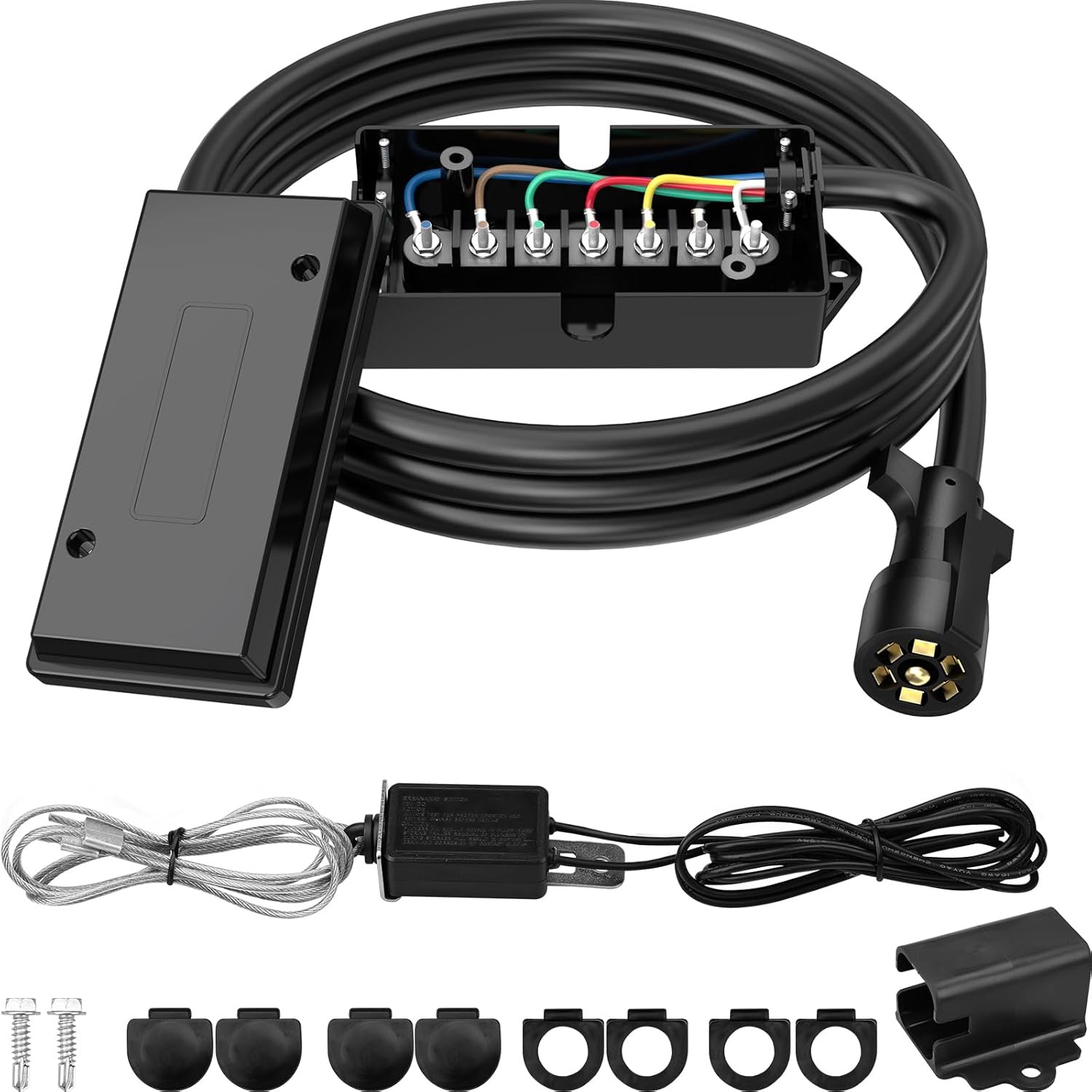 7 Way 8 Foot Trailer Cord with 7 Gang Junction Box Kit, Include 12V Brea