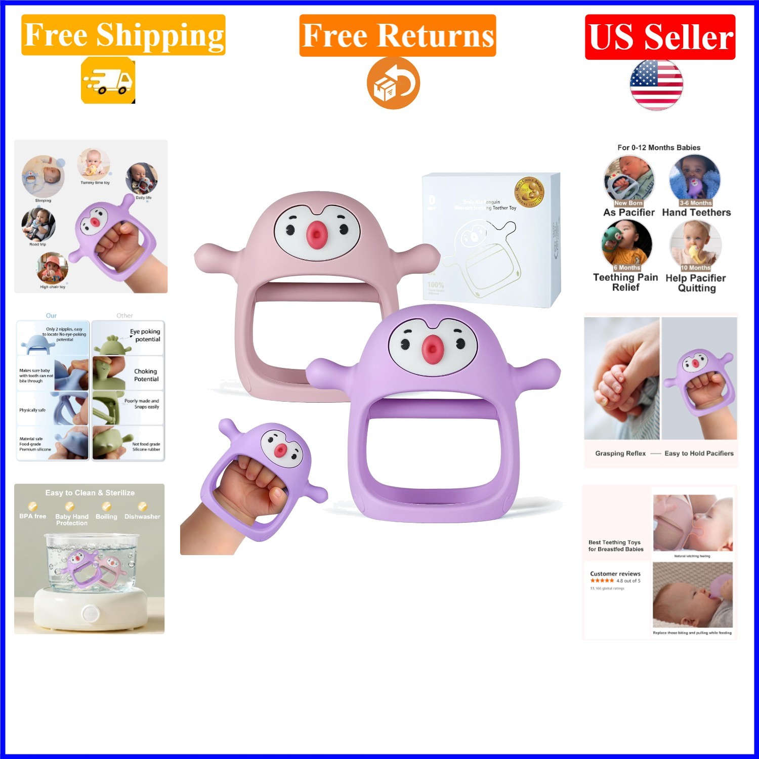 2-Pack Baby Penguin Silicone Teethers for 0-6 , BPA Free, Pink & Purple