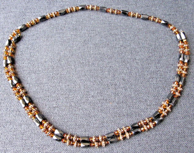 Vintage golden glass, hematite, metal beads magnetic therapy adjustable necklace