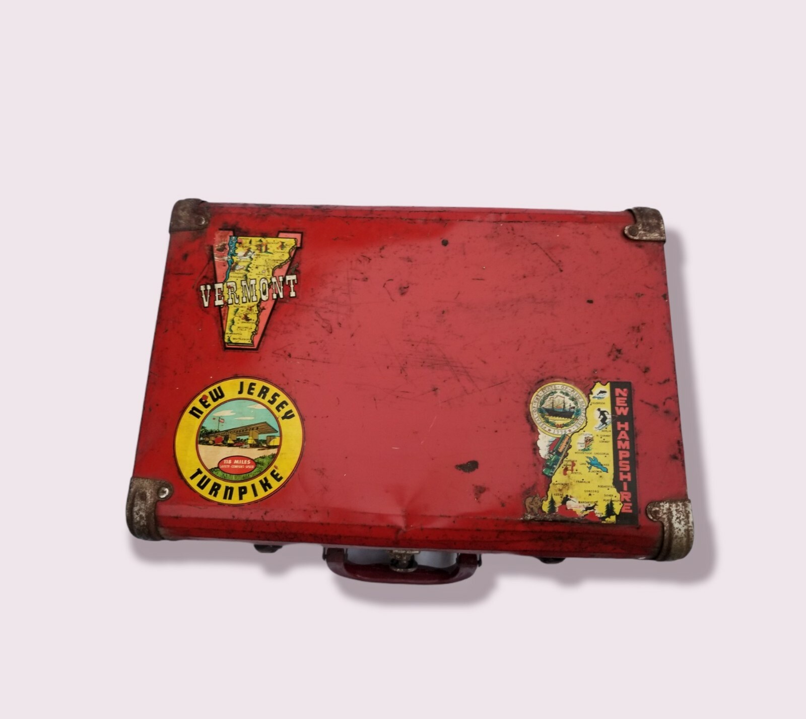 Vintage 40-50s Herculean Hard red tin Suitcase original Travel Badges/stickers