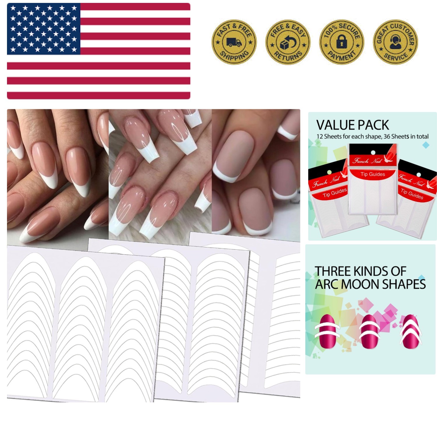 36 Sheets 1368 Pieces French Manicure Nail Art Stickers, 3 Designs Self-Adhes...