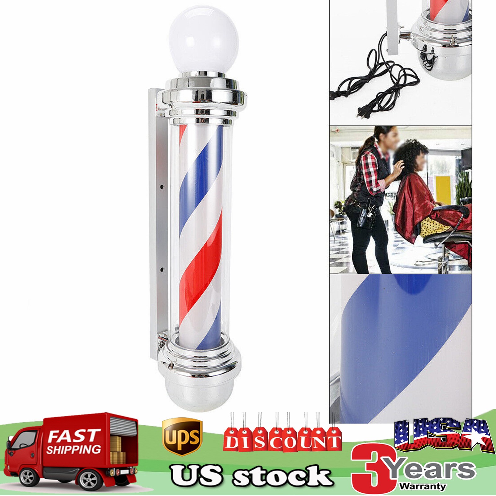 Barber Shop Pole Rotating Light Hair Salon Red/Blue/ White LED Stripes Sign Lamp