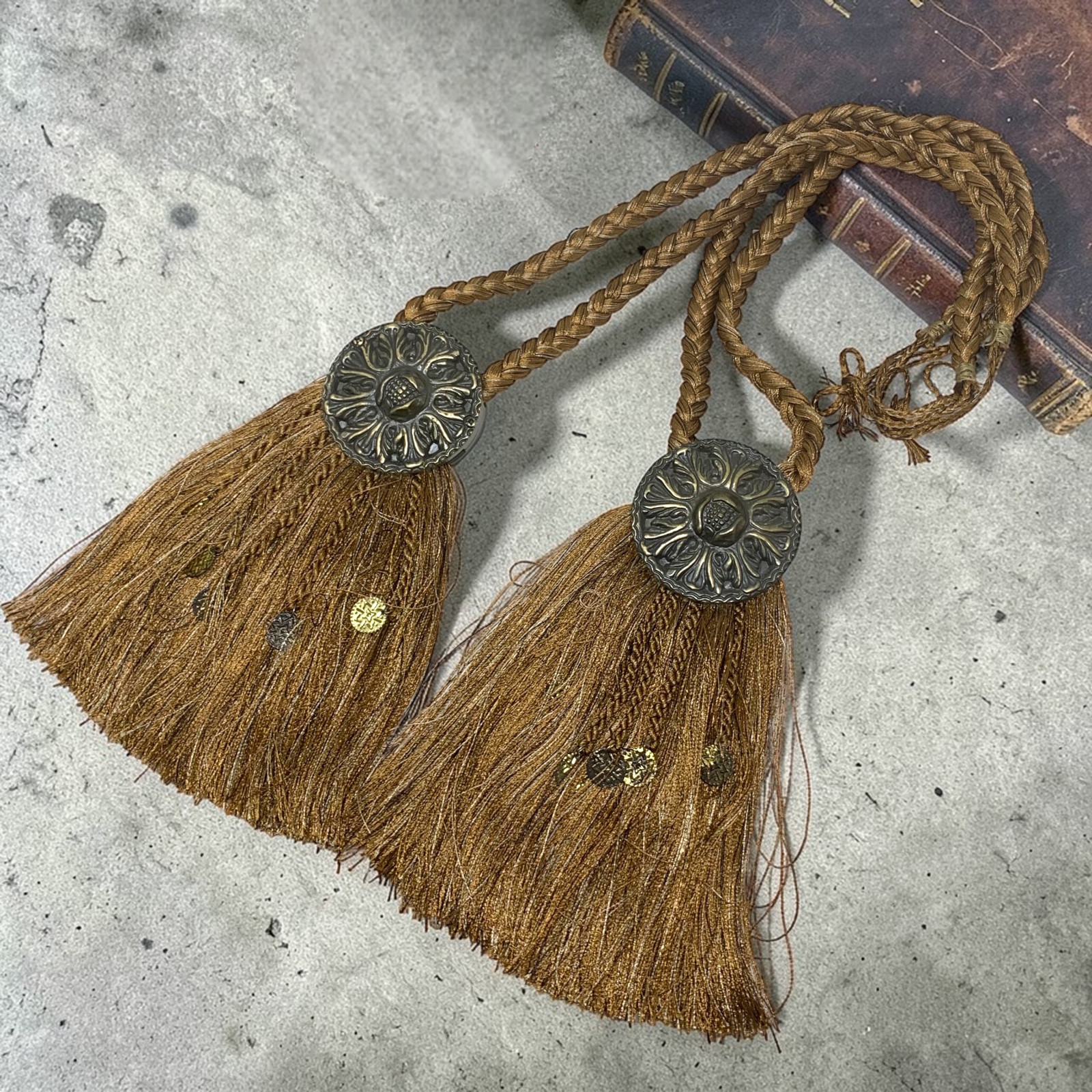 Vintage 1990's Lot 2 x 9" Tassel Coin Tiebacks Earth Tones Tuscan Drapery Decor