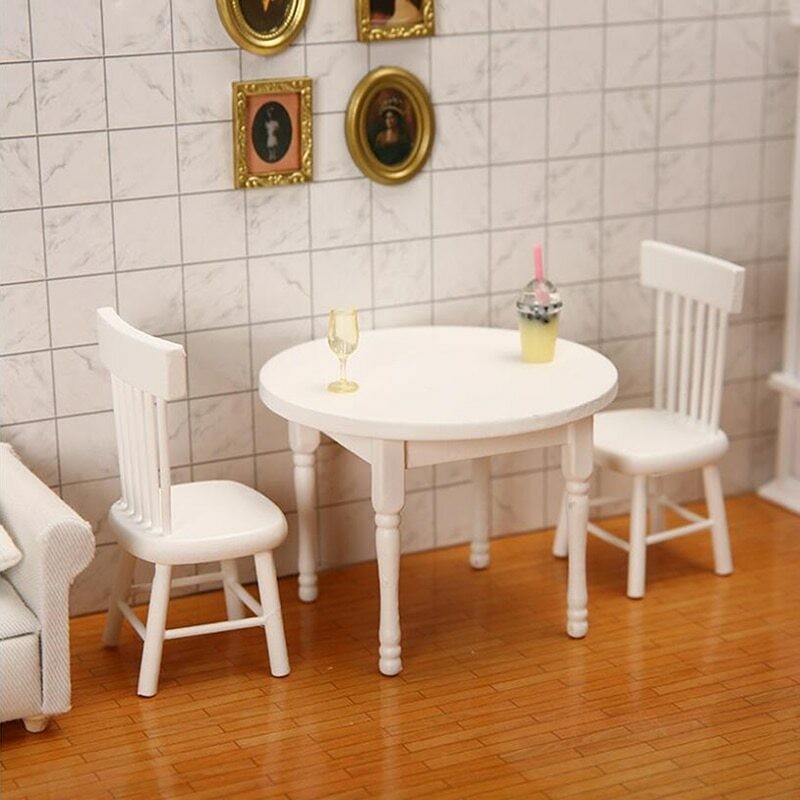 3PC Dollhouse Miniature 1/12 Dining Table Chairs Set White Furniture Accessorie