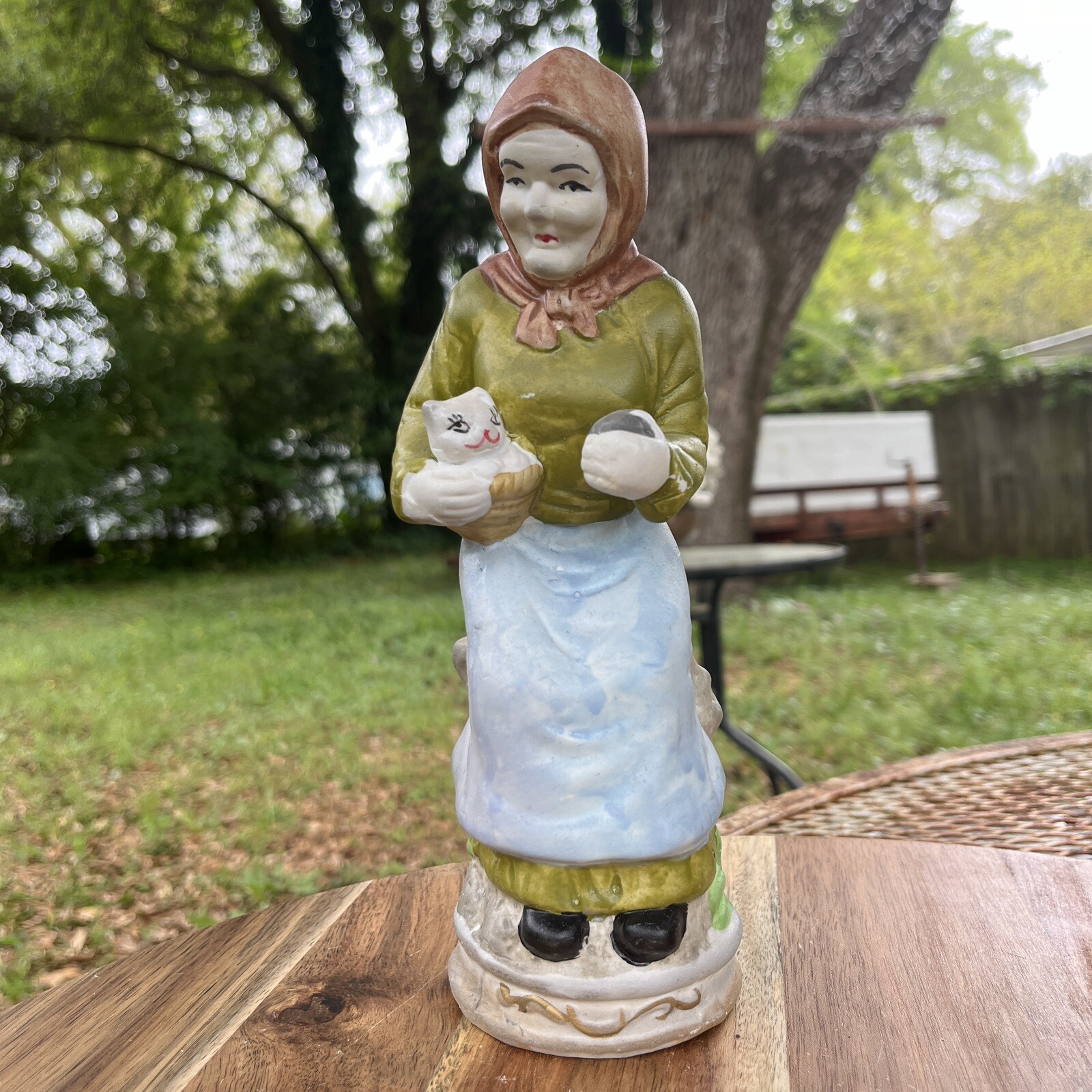 Vintage Hand Painted Ceramic Old Lady Carrying White CatFigurine 8.5” Multicolor