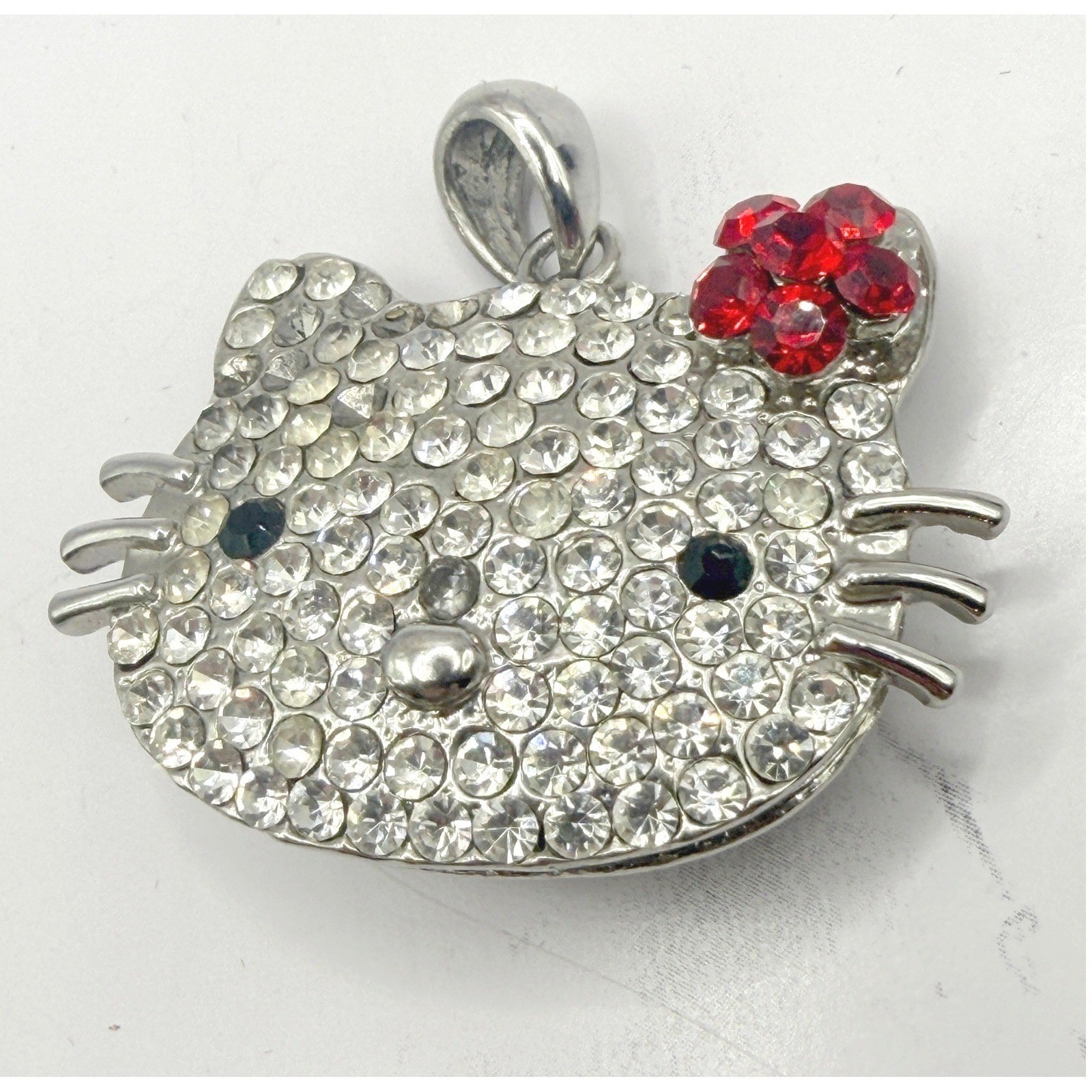 Hello Kitty Style Rhinestone Pendant Silver Tone Red Bow 1.75"