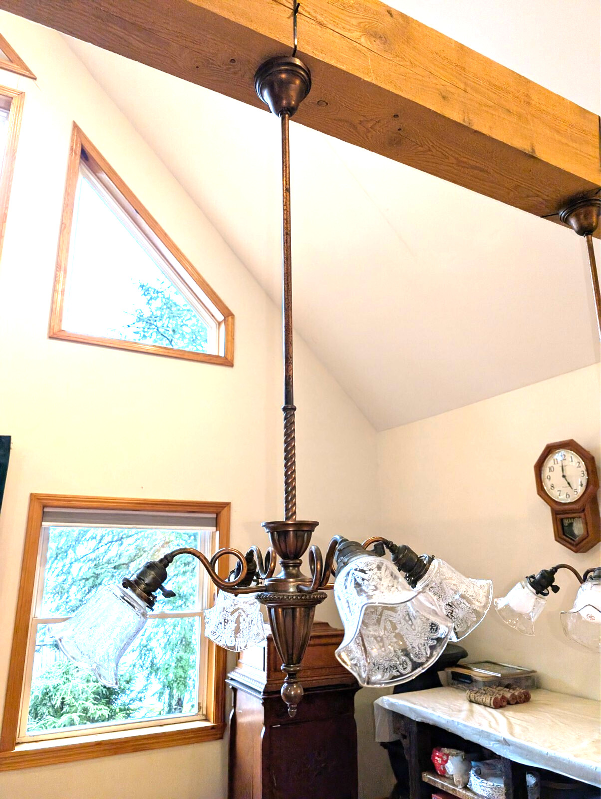 Chandelier 4 Arm Japanned Copper Flashed Finish 4 Matching Etched Shades  #2