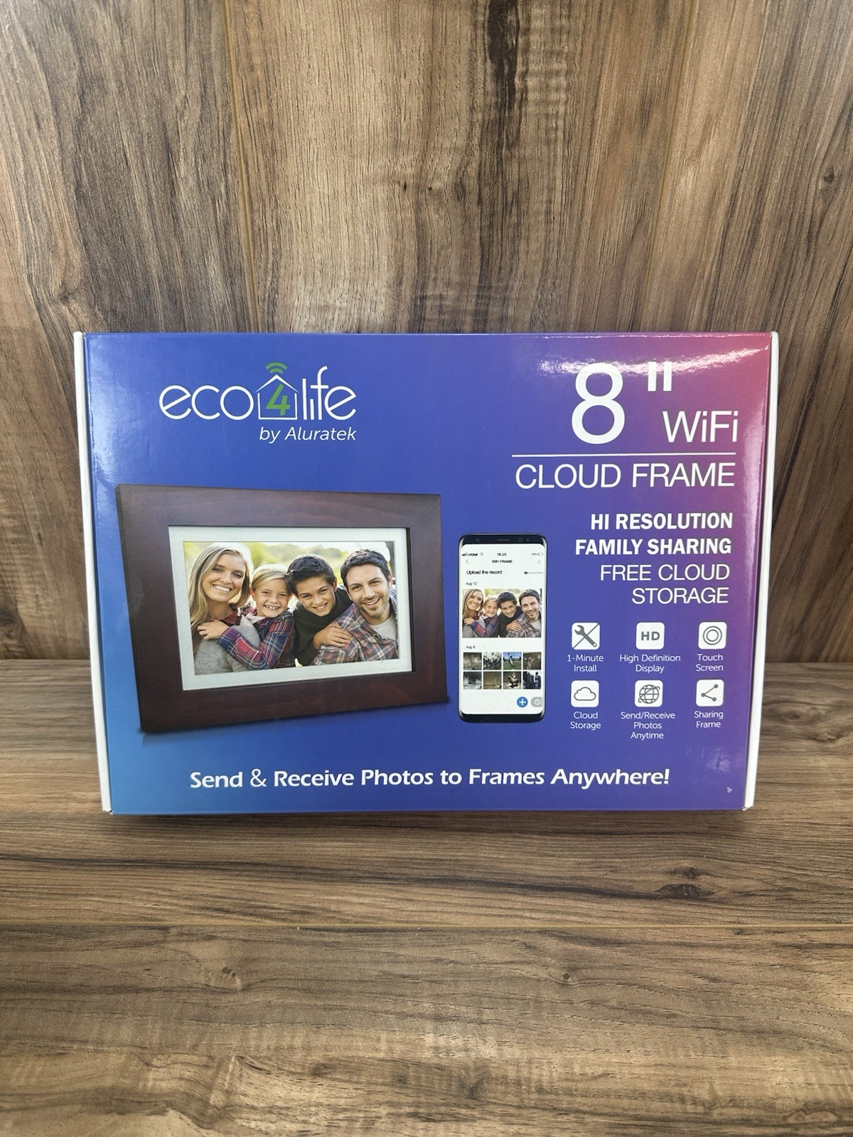 Aluratek Eco4Life 8-inch WiFi Digital Photo Frame  Solid Dark Wood