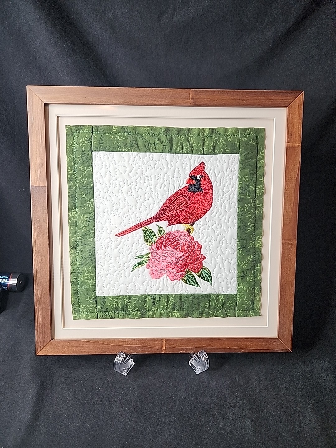 Framed Cardinal Floral Quilt Block Machine Embroidery Quilted 12.75" X 12.75" 