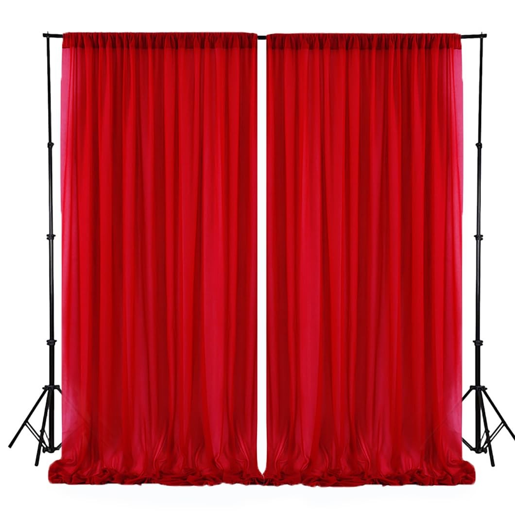 Red Chiffon Backdrop Curtain SemiSheer Tulle Photography Drapes 5x7 Ft 2 PCS