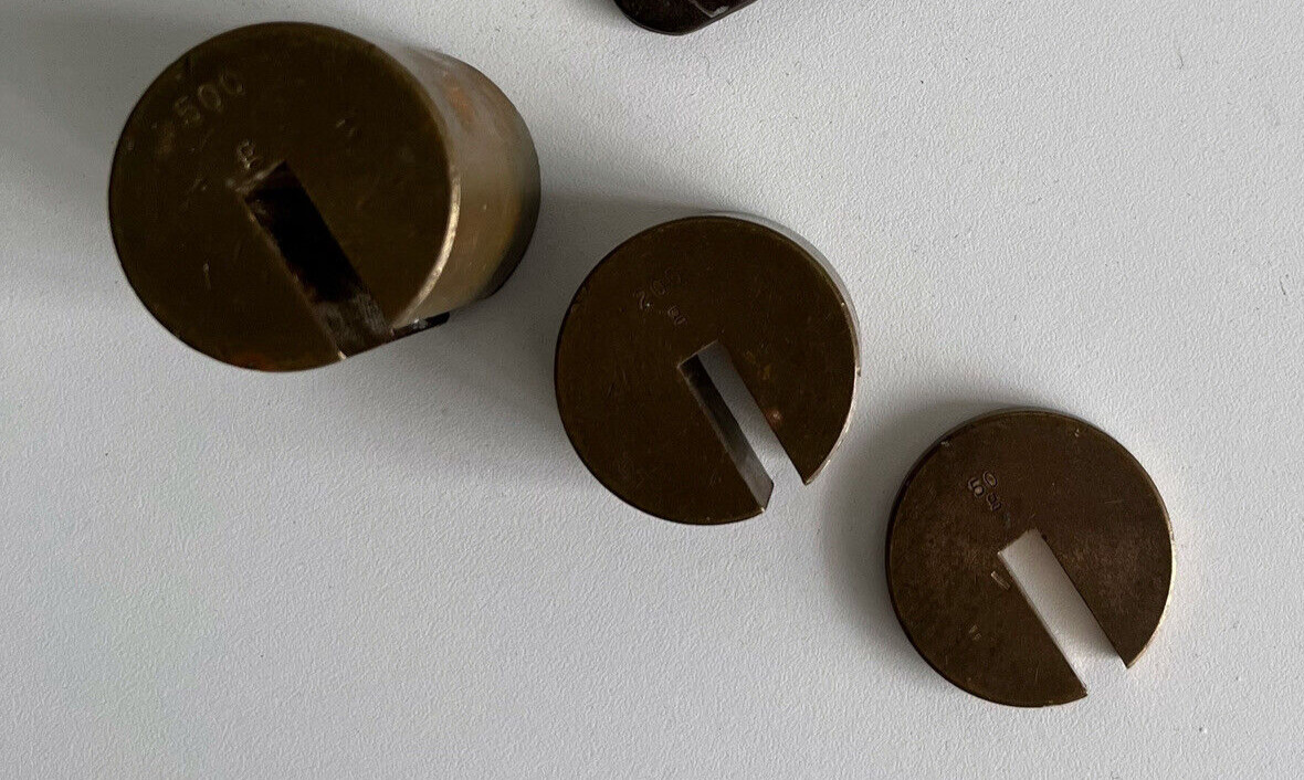 Vintage Scale Parts Set of 3 Hanging Brass Weights Cylinder 500 200 50 grams