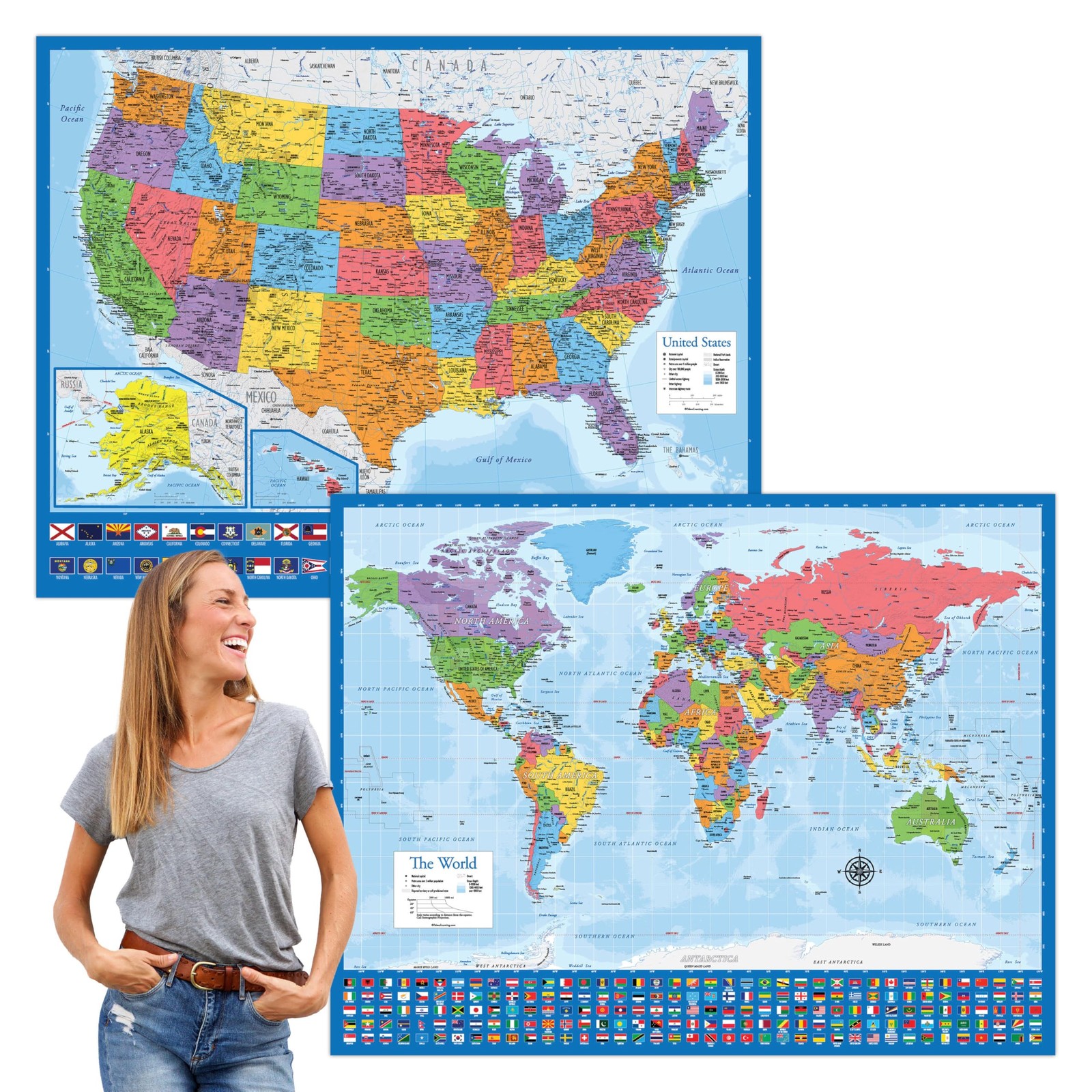 2-Pack Giant World & US Map Poster Set - Laminated 46" x 60" [Blue]