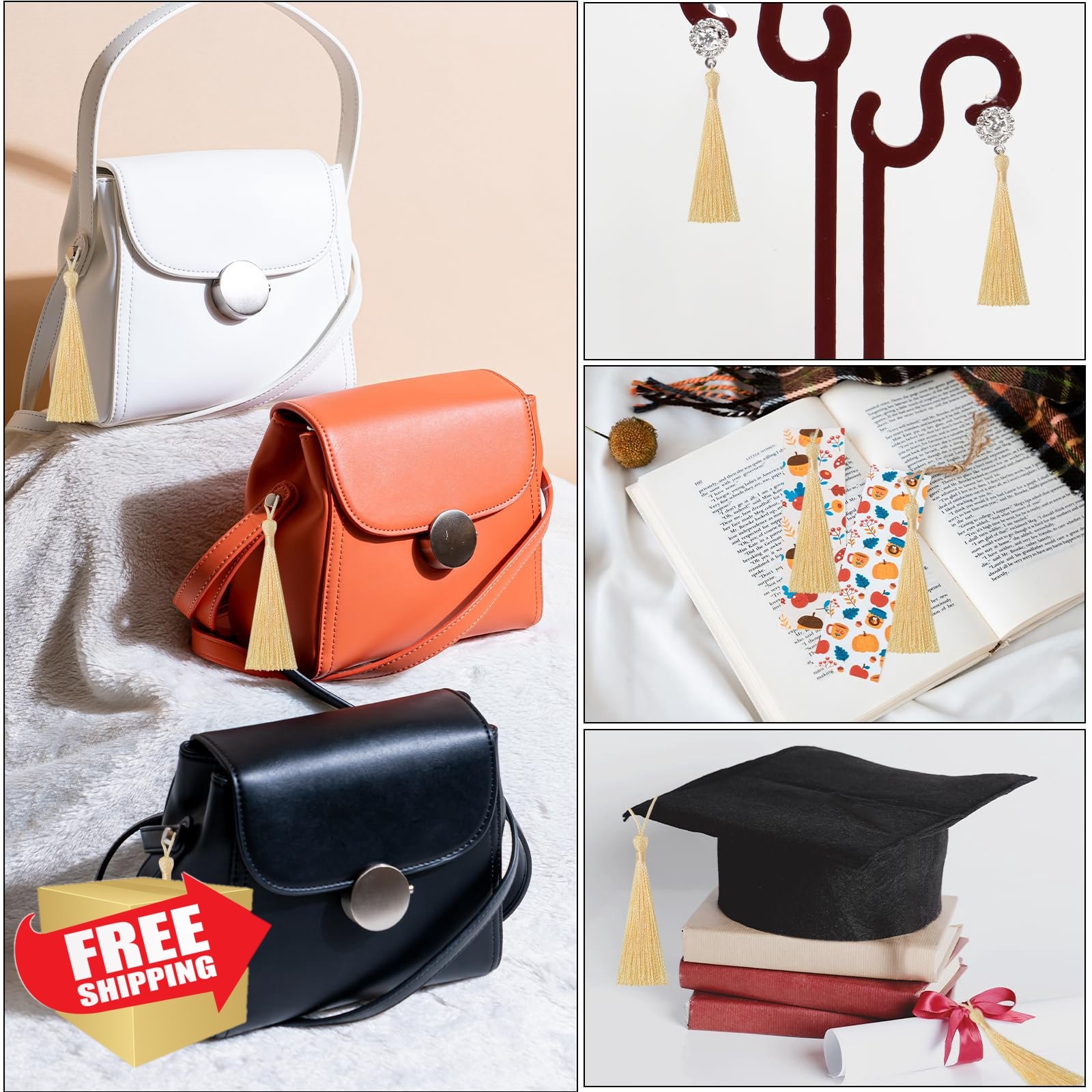 100pcs 5" Graduation Tassel Silky Floss Bookmark Craft Light Beige