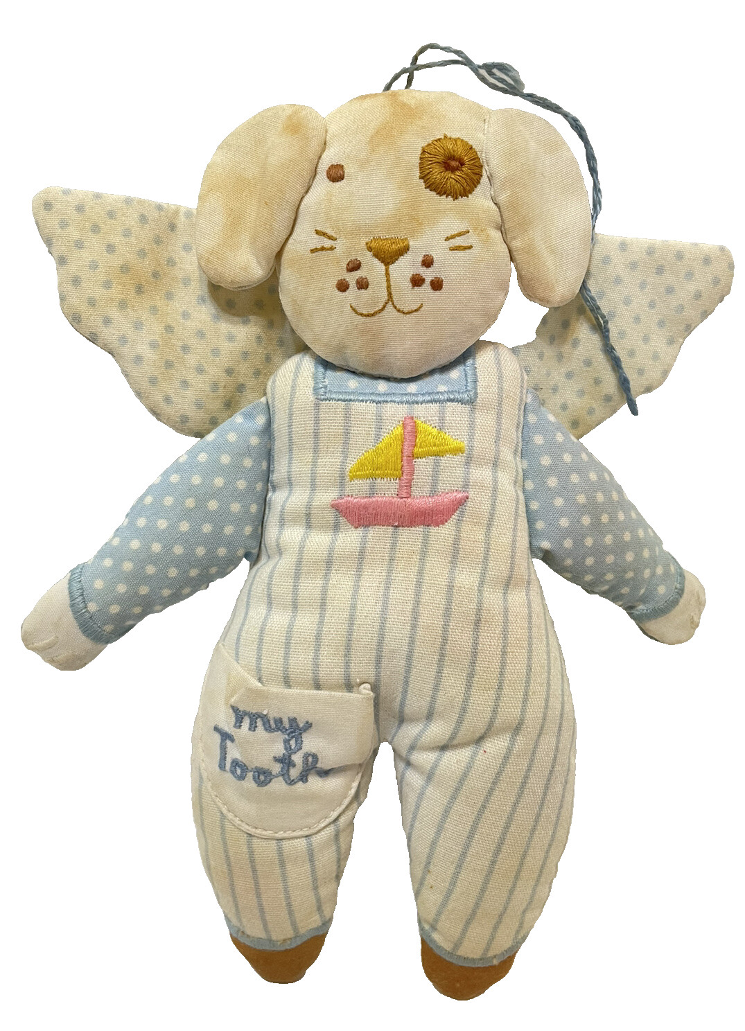 Vintage My Tooth Holder Plush Puppy Dog Angel Blue Stripes Polka Dots 6.5 x 5 In