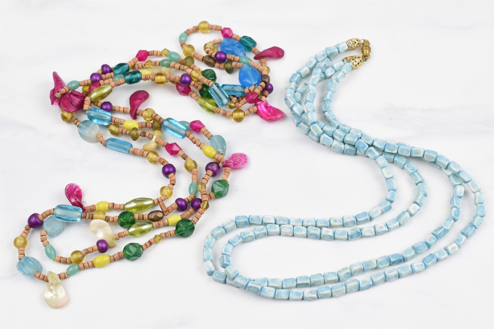 Handmade Studio Blue Beaded Necklace Lot 2 Double Strand Aqua 24in + 60in