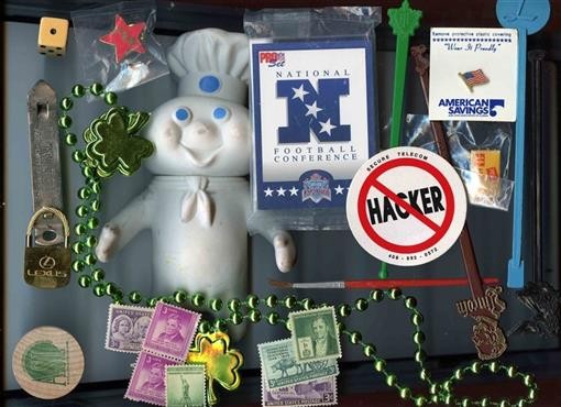 Junk Drawer Lot Doughboy Stamps Pens Swizzles Airline Buttons NFL Brass Lexus 