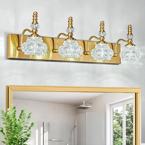 Modern Glass Crystal Vanity Light - Vintage Bathroom Lighting 4-Light Gold