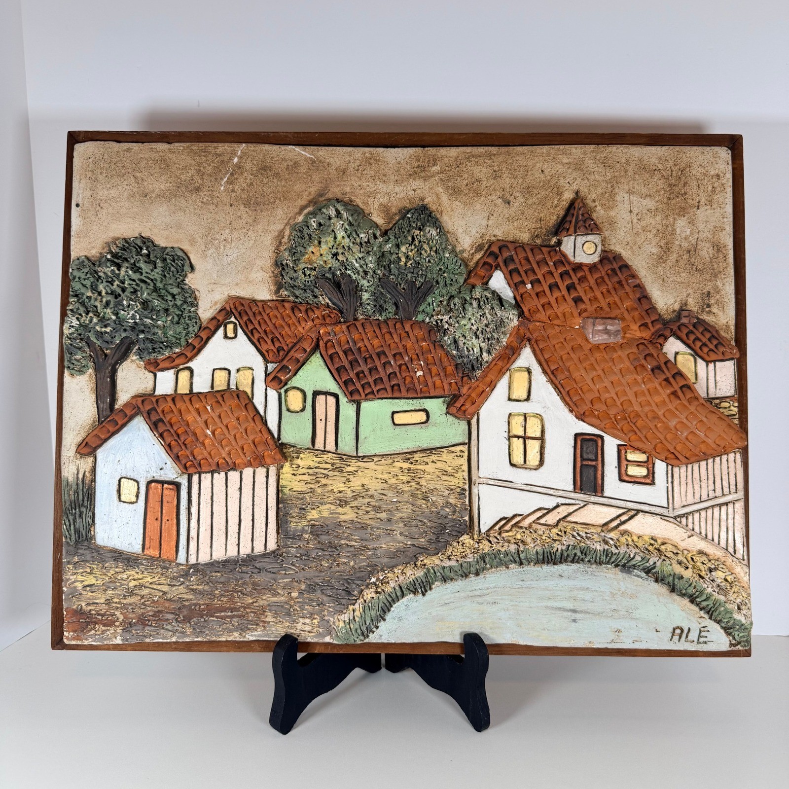 Vintage terracotta Village Scene Wall Art Plaque Signed ALE Textured MCM