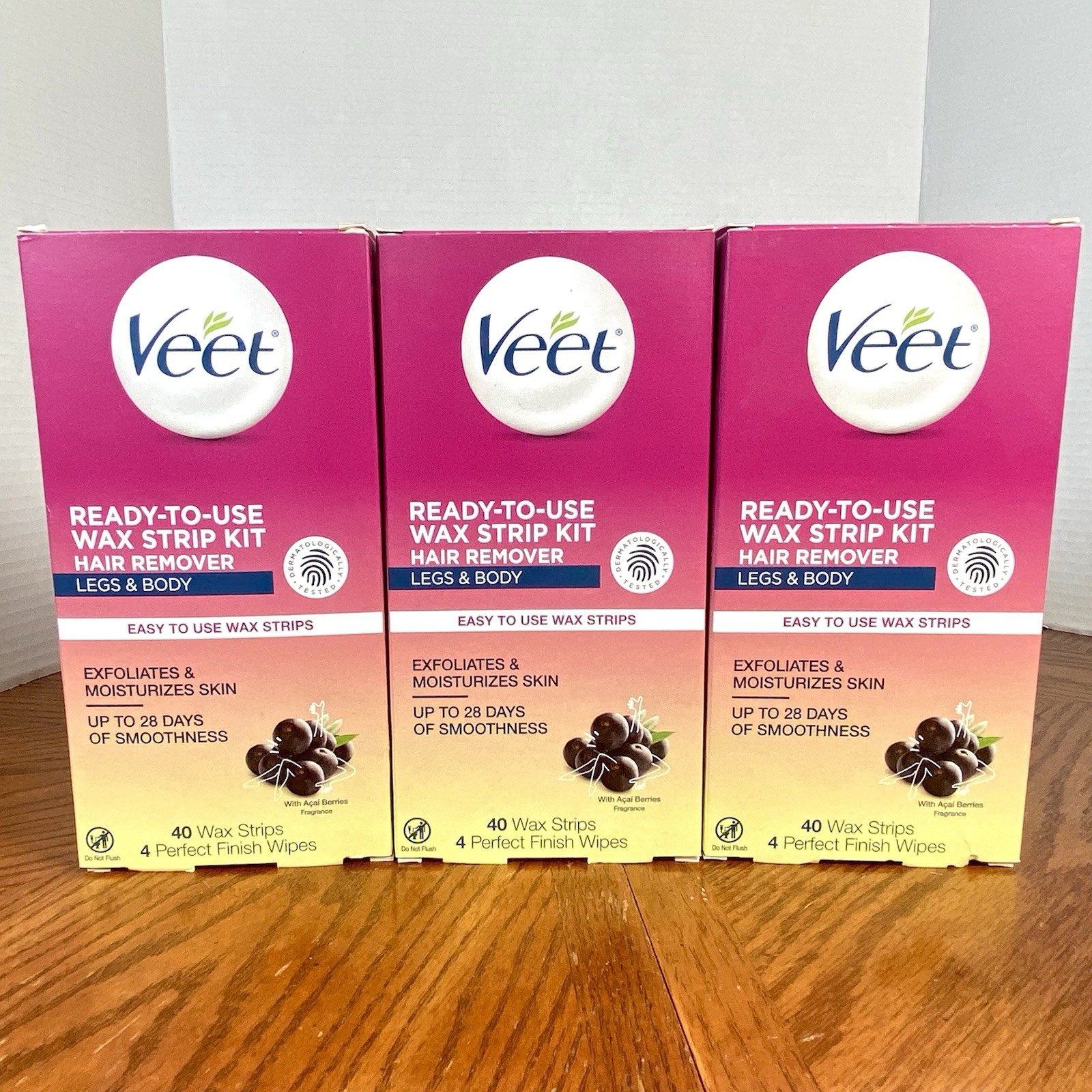 Lot of 3 ~ Veet Ready-To-Use Wax Strip Kit Hair Remover Legs & Body (40 Strips)