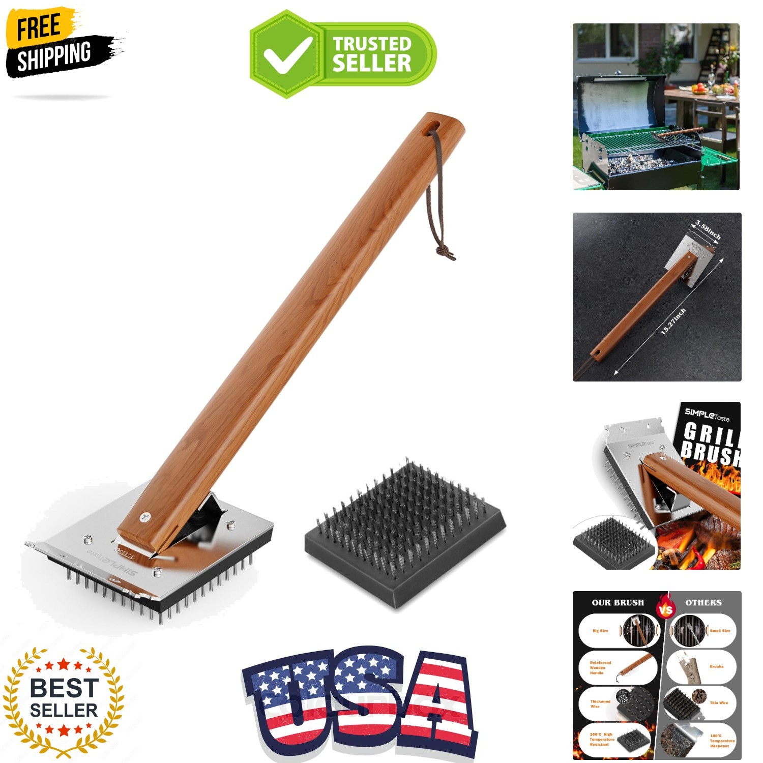 Grill Brush and Scraper, Cherry Wooden Handle Wire Grill Brush for Grill Grat...