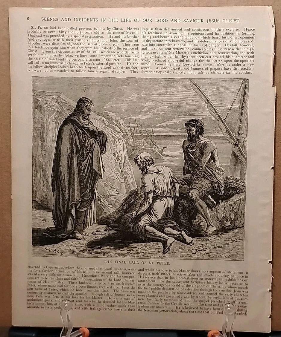 1884 - Vintage THE CALL OF SAINT PETER Antique Bible Print from 1800s
