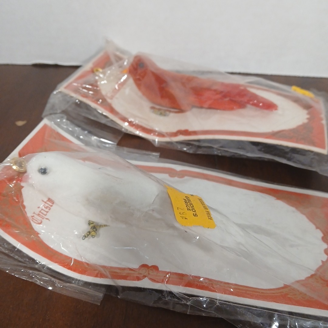 Vintage Cardinal & White Bird Ornaments  Winter Wonderland Wire Feet NOS