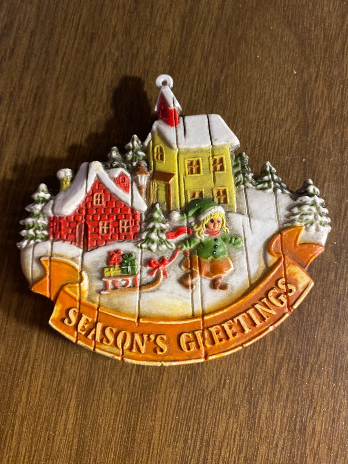 Vintage 1980's Plastic SEASON'S GREETINGS Christmas Ornament 3+"