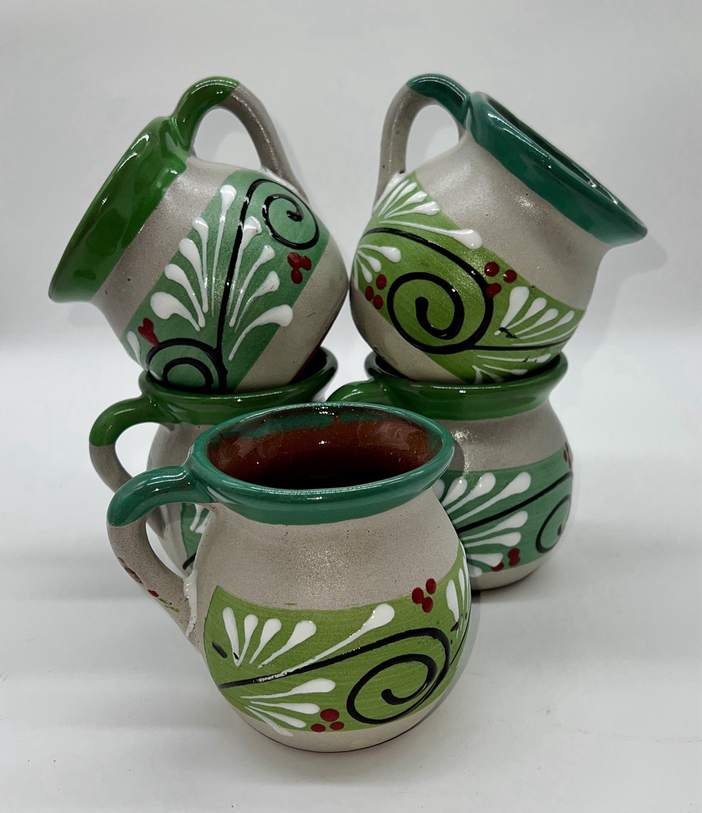 Mexican Hand Painted Green Set Of 5 Folk Art Pottery Coffee Cup Mugs