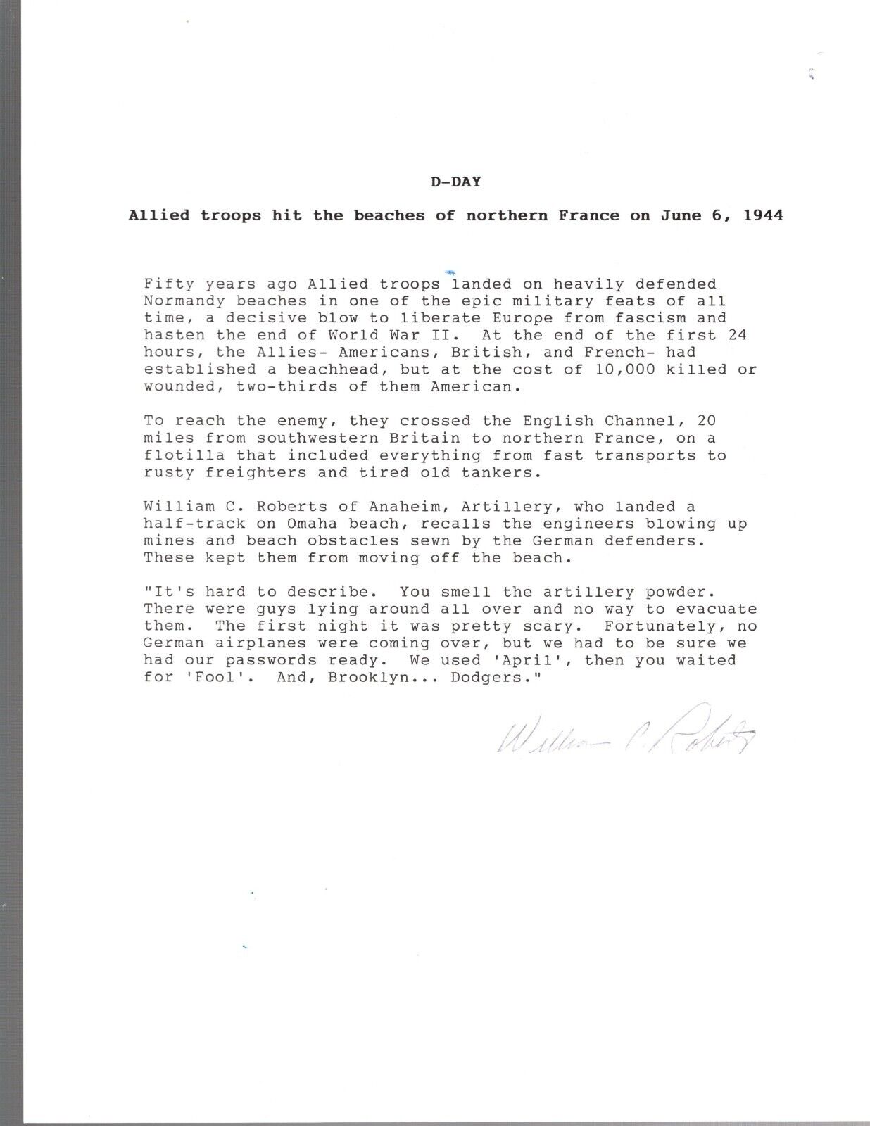 D-DAY Survivor - William C. Roberts - Signed Letter re: Landing & Signed 9 Page