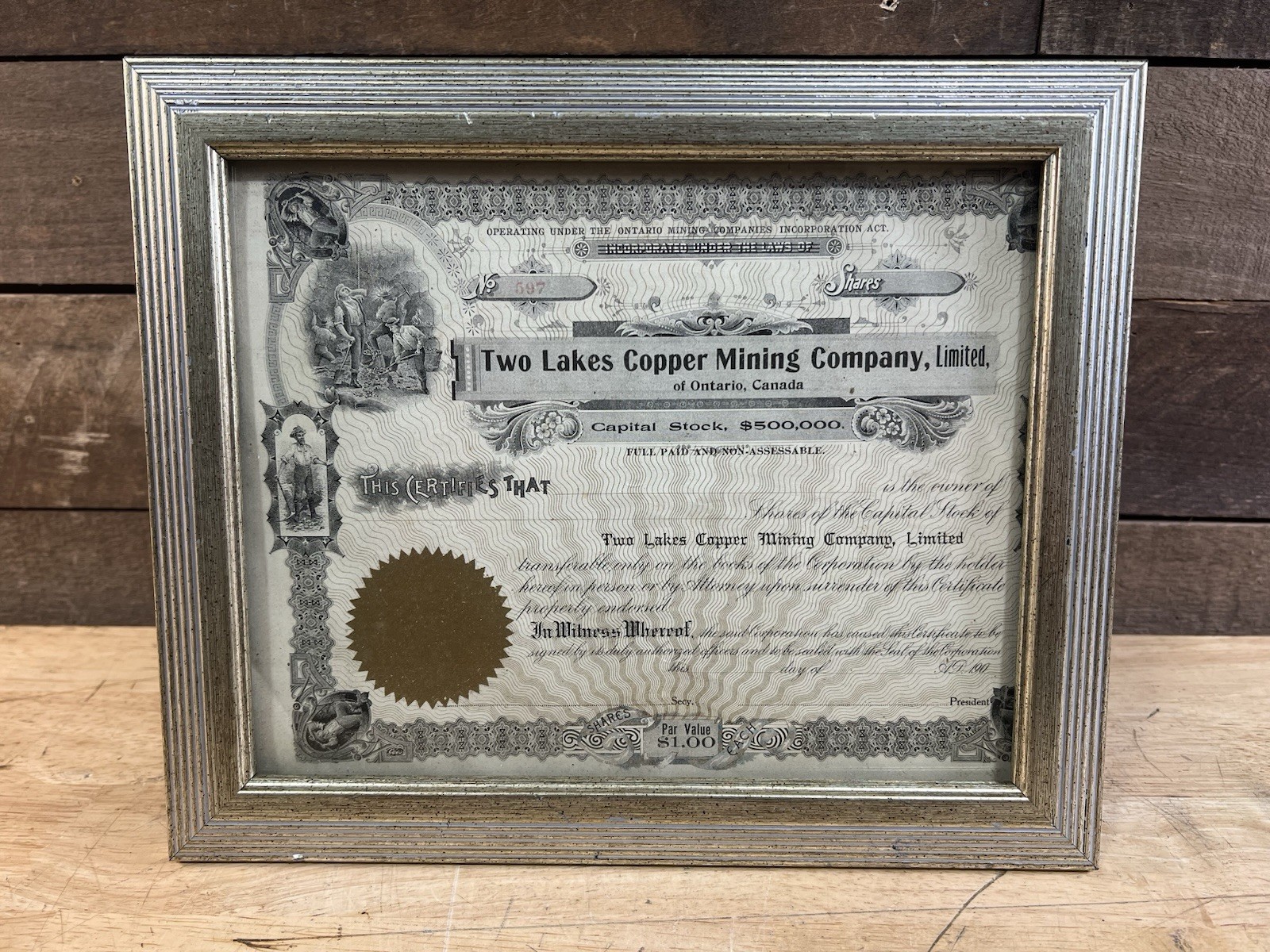 Antique Framed Early 1900’s Two Lakes Copper Mining Company Stock Certificate