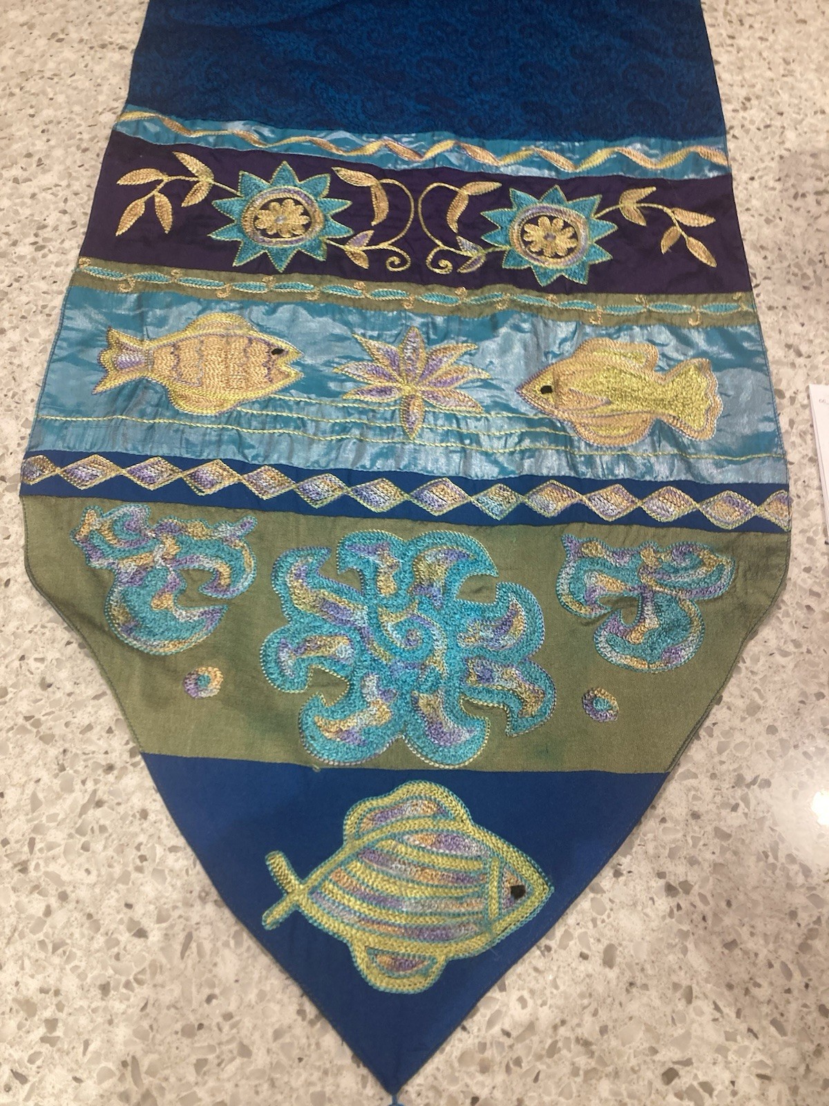 Vintage Hand Embroidered Silk Tapestry With Fish & Floral Motifs