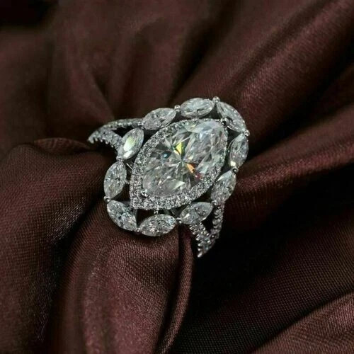 14K White Gold Plated 3Ct Marquise Cut Lab Created Diamond Halo Engagement Ring
